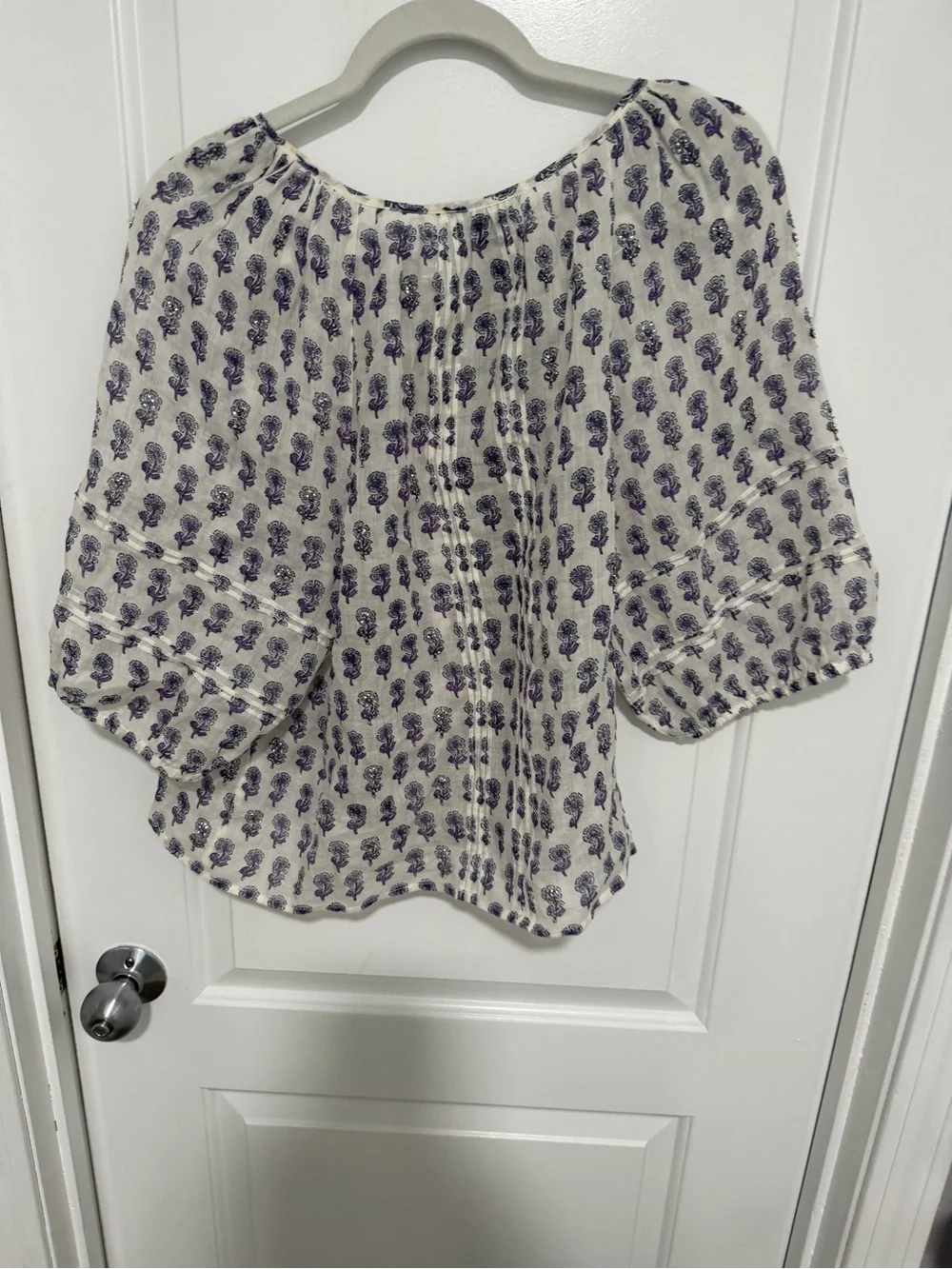 J. Crew Lilac and White Puff-Sleeve Printed Blouse